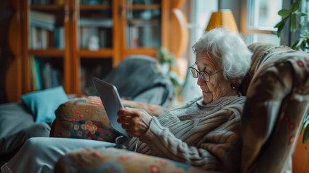 An elderly woman is sitting in a chair and looking at a tablet. She is wearing glasses and she is focused on the screen. Concept of relaxation and leisureの素材