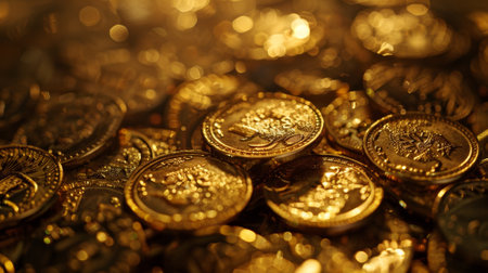 A pile of gold coins with a blurry background. The coins are shiny and appear to be valuableの素材