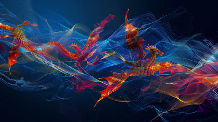 A colorful dragon is flying through a blue and purple wave. The dragon is surrounded by a lot of other dragons, creating a sense of movement and energyの素材