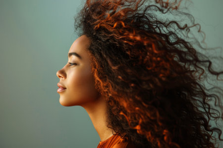 A woman with long, curly hair is looking up at the camera. She has a warm, inviting expression on her faceの素材