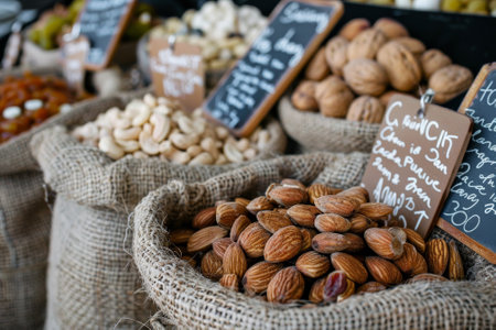 A bag of almonds sits on a table next to other bags of nuts. The scene is likely a market or a store selling nutsの素材