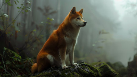 A brown dog is sitting on a rock in a forest. The dog is looking at the cameraの素材