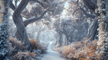A snowy forest with a path through it. The trees are bare and the snow is covering the groundの素材