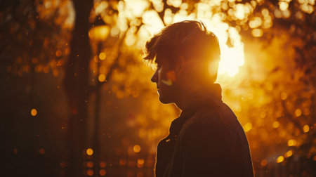 A man is standing in the woods, looking at the sun. The sun is setting, casting a warm glow on the man and the trees around him. The scene is peaceful and sereneの素材