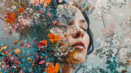 A woman's face is made of flowers and leaves. The image is colorful and vibrant, with a sense of life and energyの素材