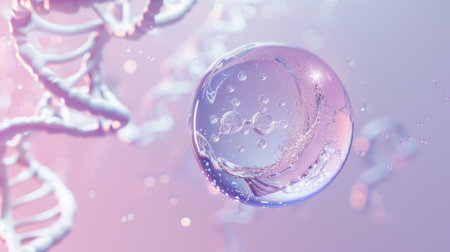 A clear sphere with a purple hue and a DNA strand in the background. The sphere is surrounded by water droplets, giving it a sense of movement and life. Concept of scientific discoveryの素材