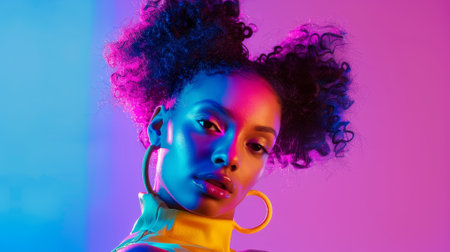 A woman with curly hair and a yellow top is standing in front of a purple background. The photo has a vibrant and colorful feel to it, with the woman's hair and outfit adding to the overall moodの素材