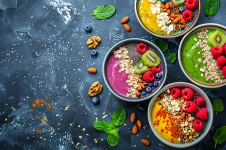 A row of bowls filled with fruit and nuts on a counter. The bowls are arranged in a row, with the first bowl on the left and the last on the rightの素材
