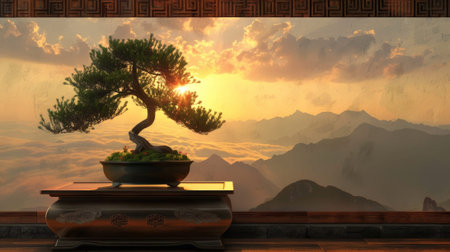 A small bonsai tree sits on a wooden stand in front of a window. The view outside the window is of mountains and a beautiful sunset. Concept of tranquility and peace, as the bonsai treeの素材