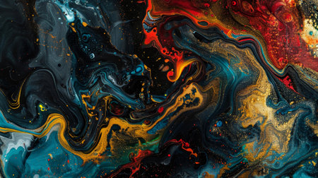 A painting of a colorful swirl with gold and red colors. The painting has a sense of movement and energy, with the colors blending together to create a dynamic and vibrant sceneの素材