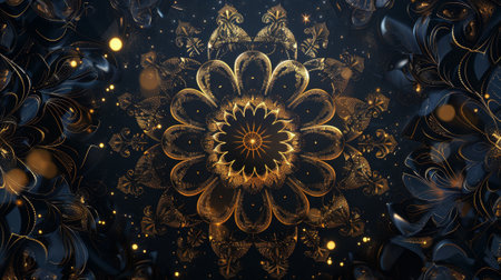 A gold and black flowery design with a lot of sparkles. The design is very intricate and detailedの素材