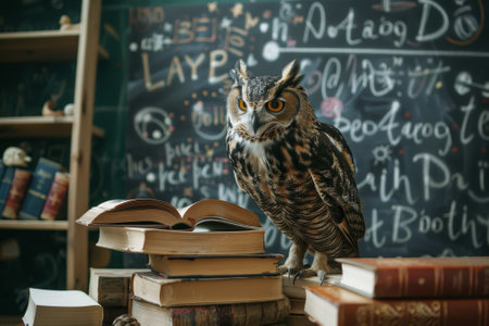 A large owl is perched on top of a stack of books. The owl is looking directly at the camera, and the books are arranged in a way that creates a sense of curiosity and intrigueの素材