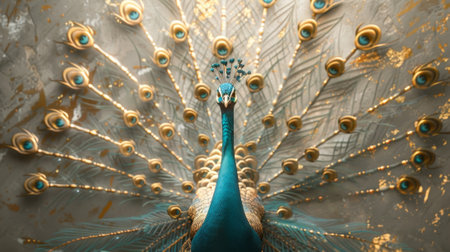A peacock with its head up and feathers spread out. The peacock is the main focus of the image, and its feathers are spread out in a way that makes it look like it's standing tall and proudの素材