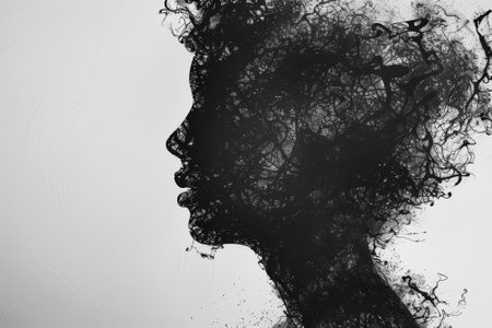 A woman's face is shown in black and white with a lot of detail. The image is abstract and has a moody, dark atmosphereの素材