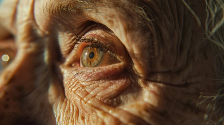 An old woman's eye is open and has a yellowish tint. The eye is surrounded by wrinkles and the woman's face is wrinkled as well. Concept of aging and the passage of timeの素材