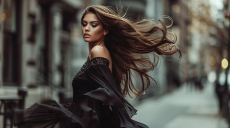 A woman with long hair is walking down a city street. She is wearing a black dress and she is in a hurryの素材