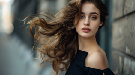 A woman with long brown hair and a black dress is standing in front of a wall. She has a serious expression on her faceの素材
