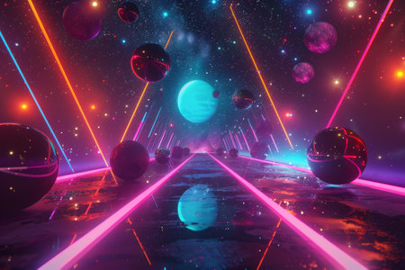 A neon lighted room with a row of planets in the backgroundの素材