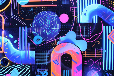 A neon colored abstract painting with a lot of different shapes and colors. The colors are bright and bold, creating a sense of energy and movementの素材