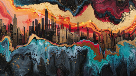 A painting of a city with a large building in the middle. The painting is a mix of blue, red, and gold colorsの素材