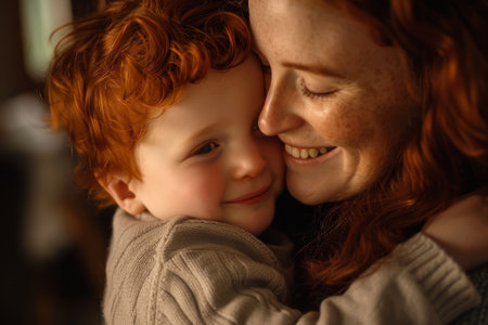 A woman is hugging a child with red hair. The child is smiling and the woman is smiling back. Scene is warm and lovingの素材
