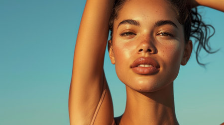 A woman with curly hair is posing for a picture. She has a very pretty face and is wearing a white tank topの素材