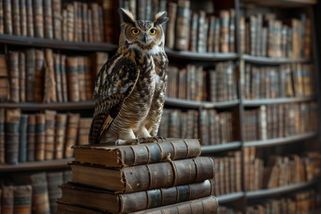 A small owl is perched on top of a stack of books. The scene is set in a library, with many books surrounding the owl. The owl appears to be looking up at the viewer, as if it is curious about themの素材