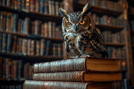 A large owl is perched on top of a stack of books. The scene is set in a library, with the owl looking at the camera. The books are arranged in a way that they are stacked on top of each otherの素材