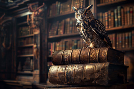 A large owl is perched on top of a stack of books. The scene is set in a library, with the owl standing on a pile of books that are arranged in a way that it is sitting on top of themの素材
