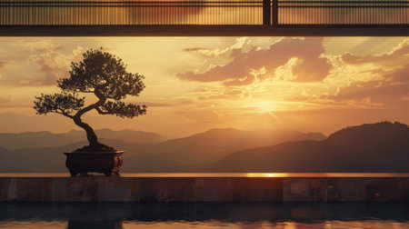 A small bonsai tree is sitting on a ledge in front of a large mountain range. The sky is a beautiful orange color, and the sun is setting in the distance. The scene is peaceful and sereneの素材