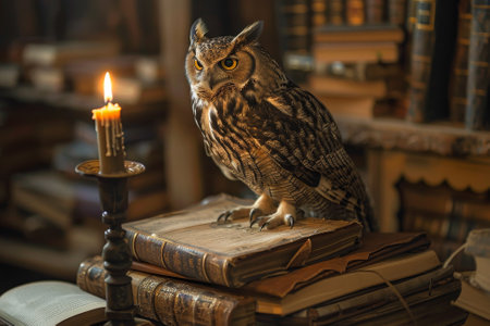 A small owl sits on top of a stack of books, with a candle nearby. Concept of mystery and intrigue, as the owl is perched on a book that appears to be a rare or valuable editionの素材
