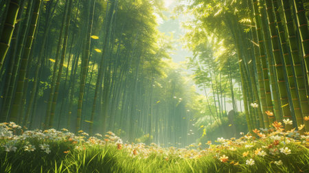 A lush green forest with a field of flowers in the foregroundの素材