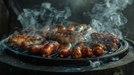 A grill full of hot dogs with smoke coming out of it. Scene is that of a barbecue or a cookoutの素材