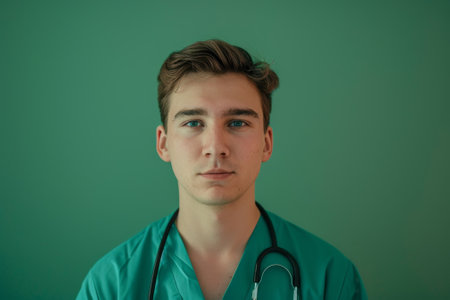 A young man in a green scrub suit is standing in front of a green wall. He is wearing a stethoscope around his neckの素材