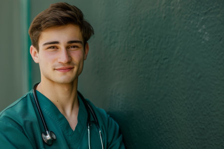 A young man in a green scrubs is smiling and posing for a picture. He is wearing a stethoscope around his neckの素材