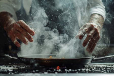A chef is cooking food in a pan with smoke coming out of it. The steam and smoke give the impression of a busy kitchen, with the chef working hard to prepare a meal. Concept of energy and excitementの素材