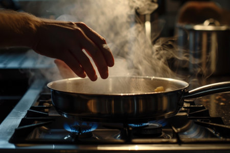 A person is cooking food in a pan on a stove. The pan is filled with smoke and steam, and the person is adding salt to the food. Concept of warmth and comfortの素材