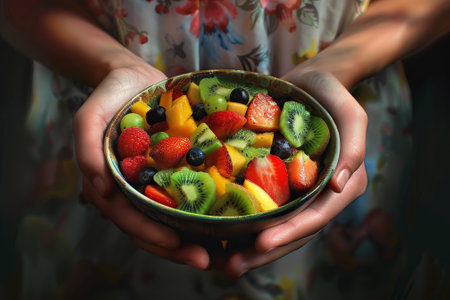 A bowl of fruit salad is being held by a person. The bowl contains a variety of fruits, including kiwi, strawberries, and blueberriesの素材