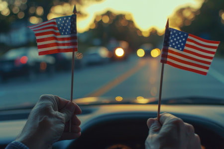 Two people holding American flags in a car. The flags are red, white, and blue. Scene is patriotic and celebratoryの素材