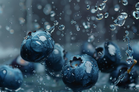 A close up of blueberries with water droplets surrounding them. Scene is serene and calming, as the blueberries are surrounded by the gentle movement of the water dropletsの素材