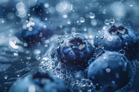 A close up of blueberries with water droplets surrounding them. Scene is serene and calming, as the blueberries are surrounded by the gentle movement of the water dropletsの素材
