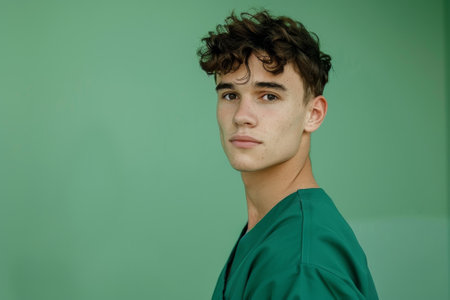 A young man in a green shirt stands in front of a green wall. He has a serious expression on his faceの素材