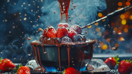 A bowl of chocolate sauce with strawberries on top. The bowl is on a table with a lot of smoke coming from itの素材