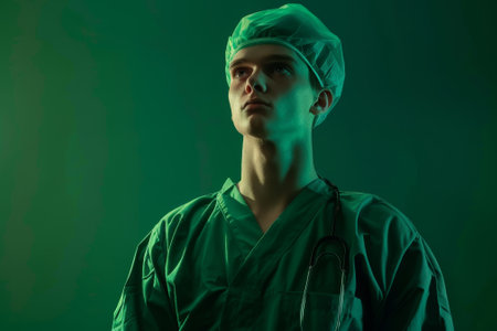 A man in a green lab coat with a white hat and a stethoscope. He is looking at the cameraの素材