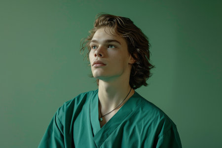 A young man in a green lab coat is looking at the camera. He is wearing a necklace and a green shirtの素材