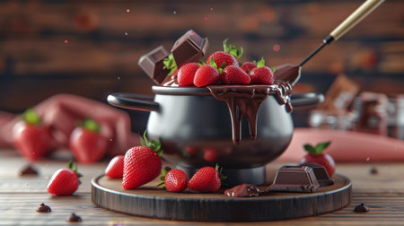 A bowl of chocolate and strawberries on a wooden table. Scene is sweet and indulgent, as it features a delicious dessertの素材