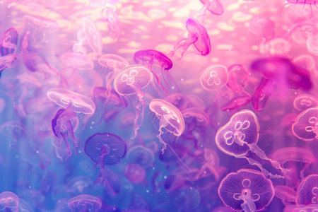 A bunch of jellyfish in a pink and blue ocean. The jellyfish are floating in the water and are of different sizesの素材