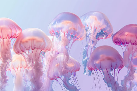 A group of jellyfish are floating in the air, with some of them being pink and others being blue. The scene is serene and peaceful, with the jellyfish appearing to be floating effortlessly in the airの素材
