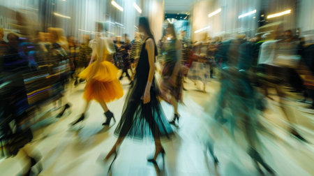A group of people are walking down a street, with some of them wearing dresses. The image has a blurry effect, giving it a sense of motion and energy. The people in the image seem to be in a hurryの素材
