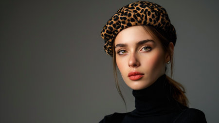 A woman wearing a leopard print hat and a black dress. She has red lips and is smilingの素材